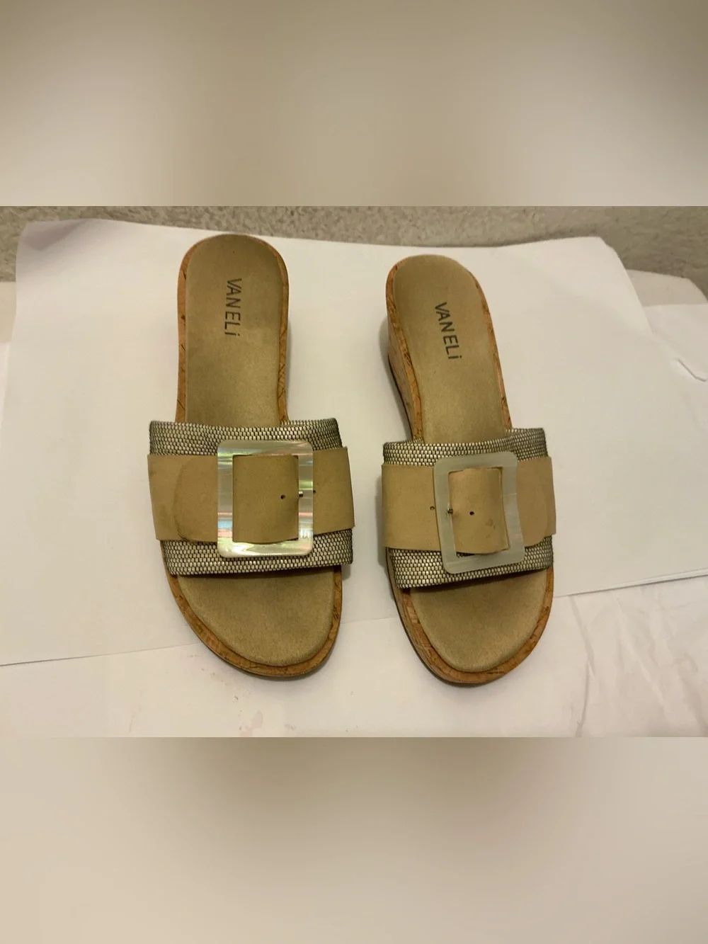 Vaneli Neutral Slide Mules with Iridescent Buckles 7.5 M